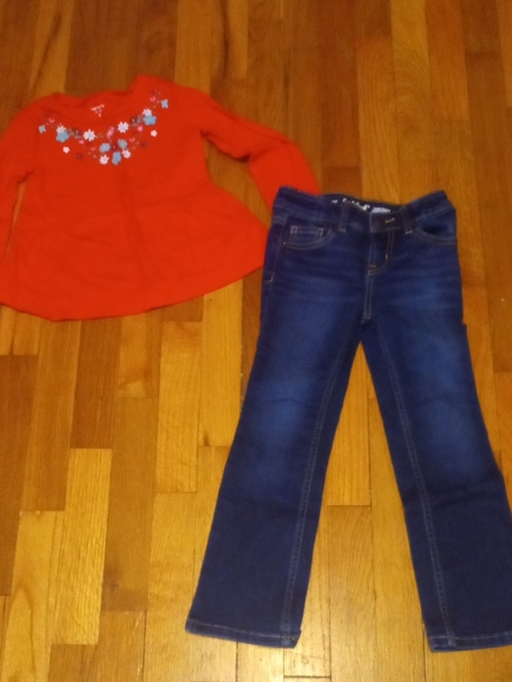 Girls 5 Red Floral Embroidered Top and Blue Jeans Set
